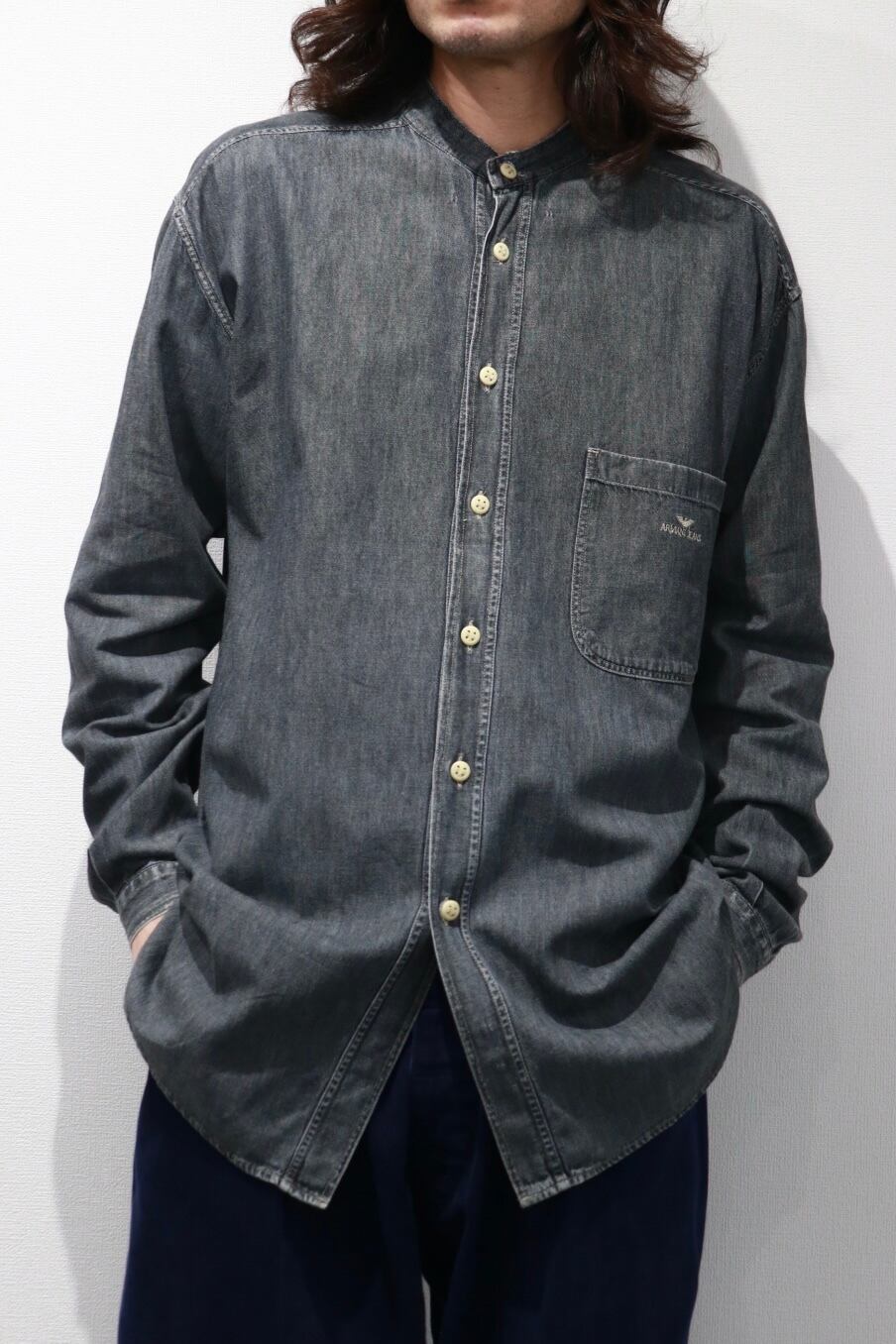 ARMANI JEANS black denim no collar shirt | Cary