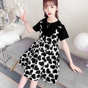 2024/11/26 子供服 韓国 ワンピース 女の子 小学生 春夏秋 半袖 ハート柄 おしゃれ かわいい  ドッキングワンピース 大人可愛い 大人女子 [KS24D002]
