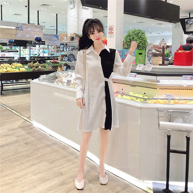 女性 ファッション レトロ トップス カラーマッチング シャツワンピ 小さい新鮮な 気質 中・長セクション