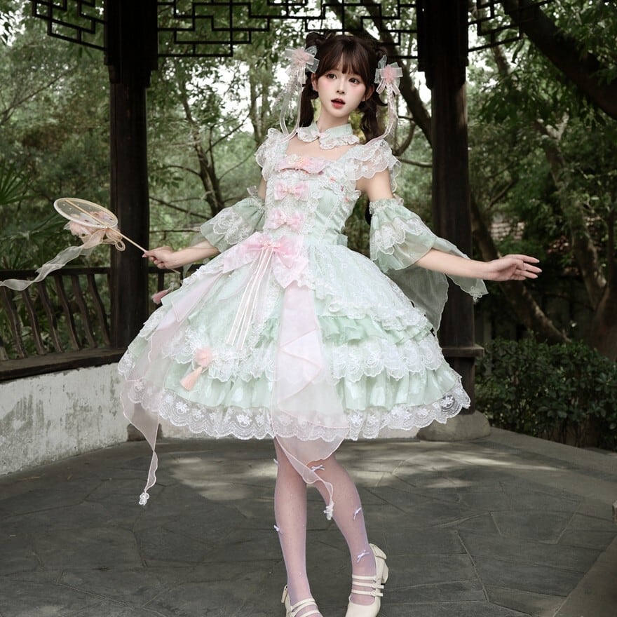 ロリータファッション 甘ロリ 若草色・ピンク・紫 レースリボン付け袖