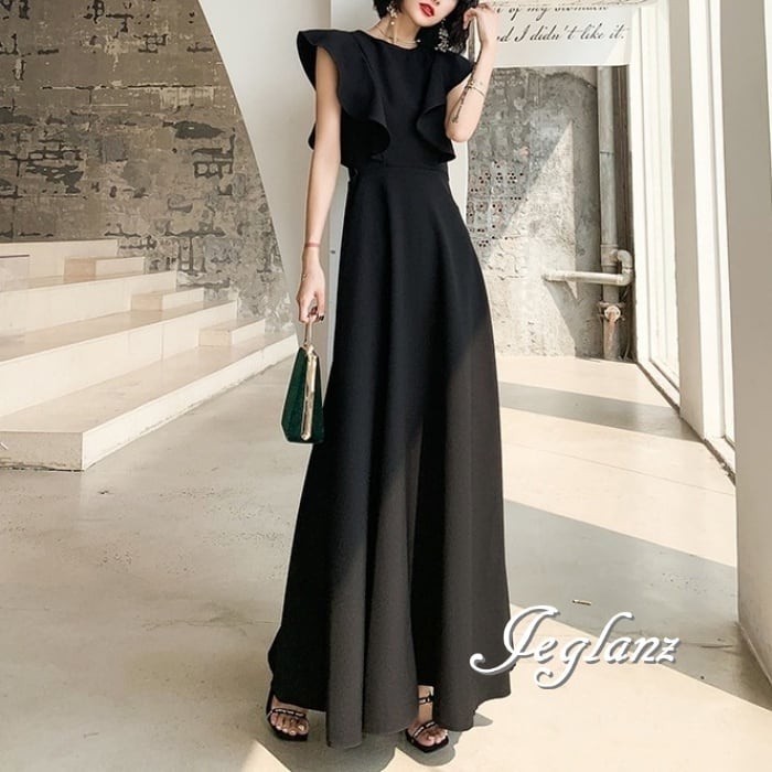 パーティ イブニングドレス パワショル カットアウト 肩フリル 肌見せ 2色(M2816)ζ