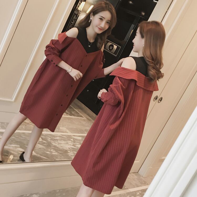 【新作】【送料無料】 ナーシングドレスルーズ春秋マタニティ服オフショルダードレスチャーミングな服妊娠中の女性妊娠 スプリング 春物 オータム 秋物 AL expec349462126942