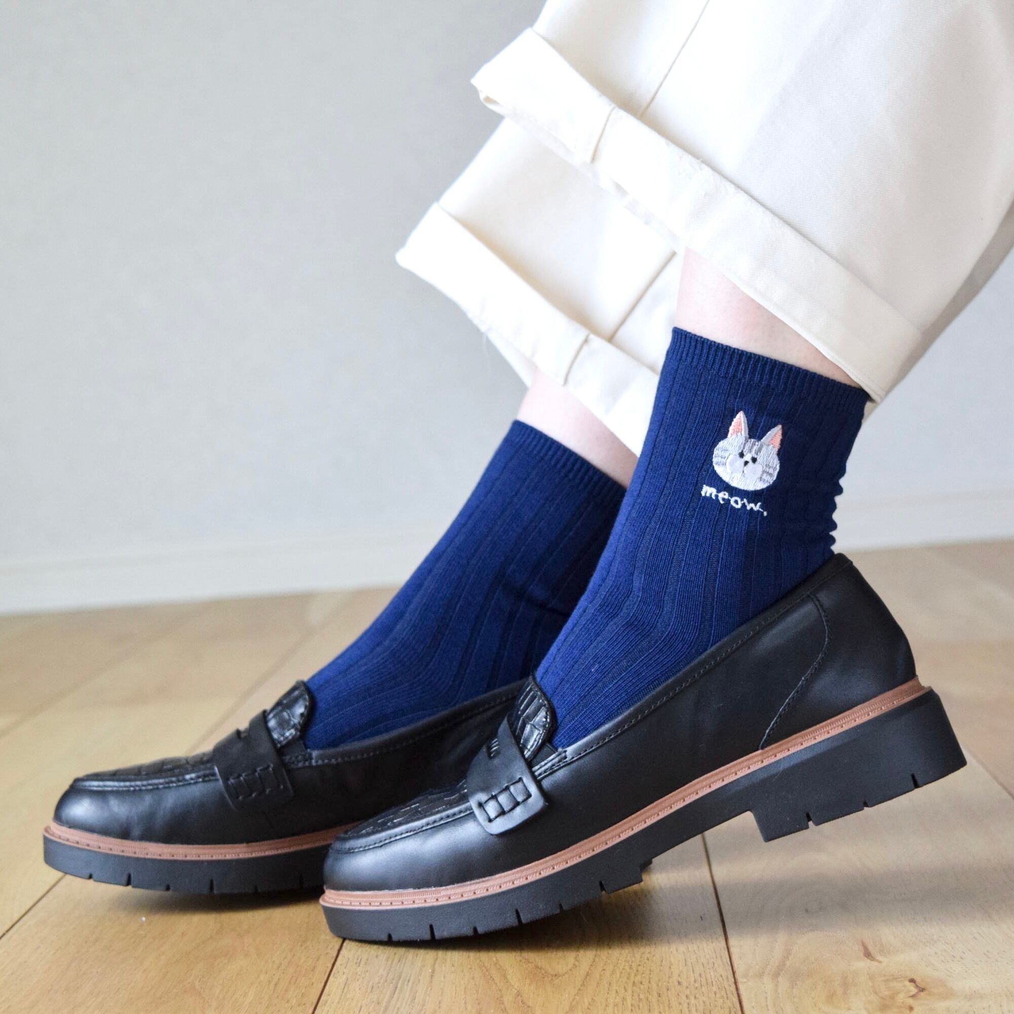 選べる猫29種!レディース刺繍ソックス【ネイビー】靴下 母の日 記念日 誕生日 うちの子 クリスマス