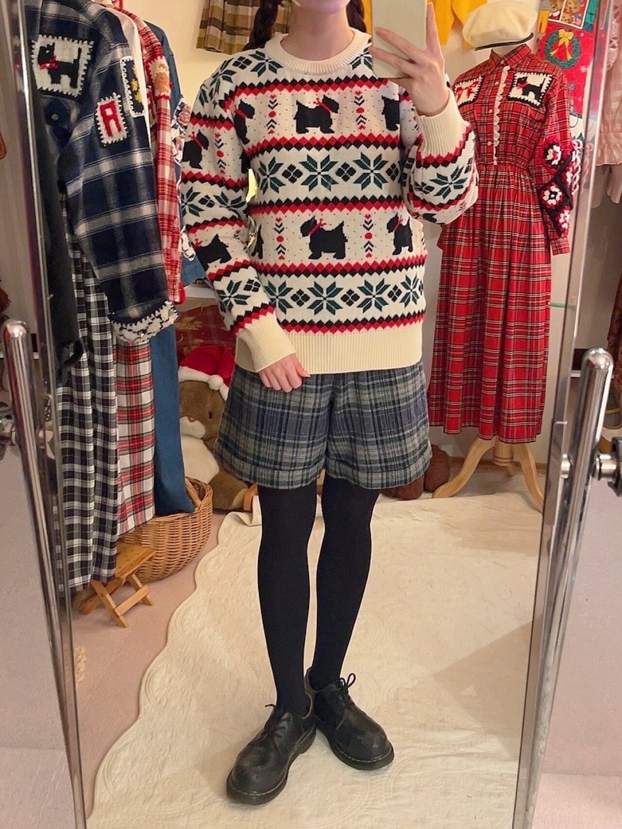 gold button blue check pants