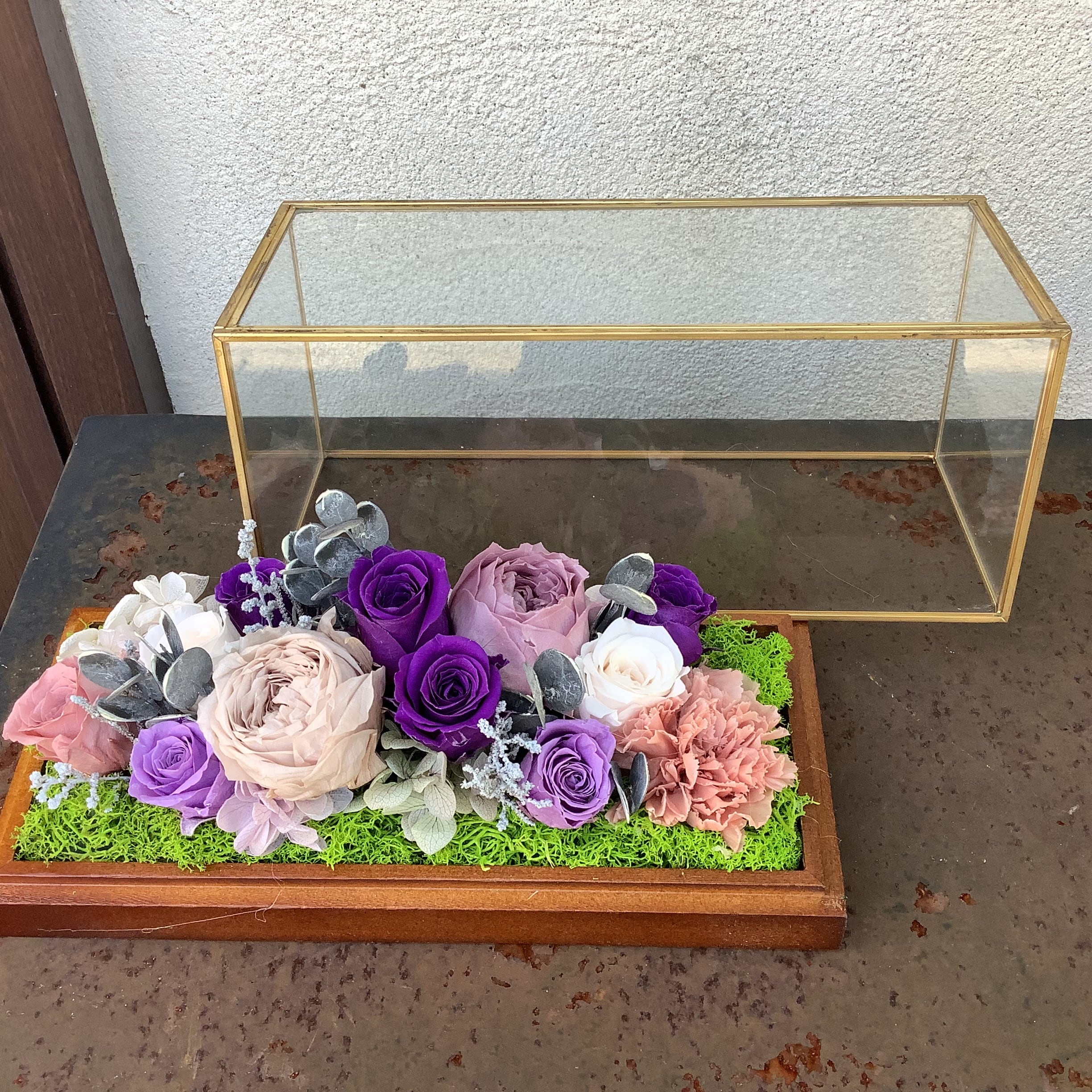 プリザーブドフラワー ガラスケース(長方形・中) アンティークパープル