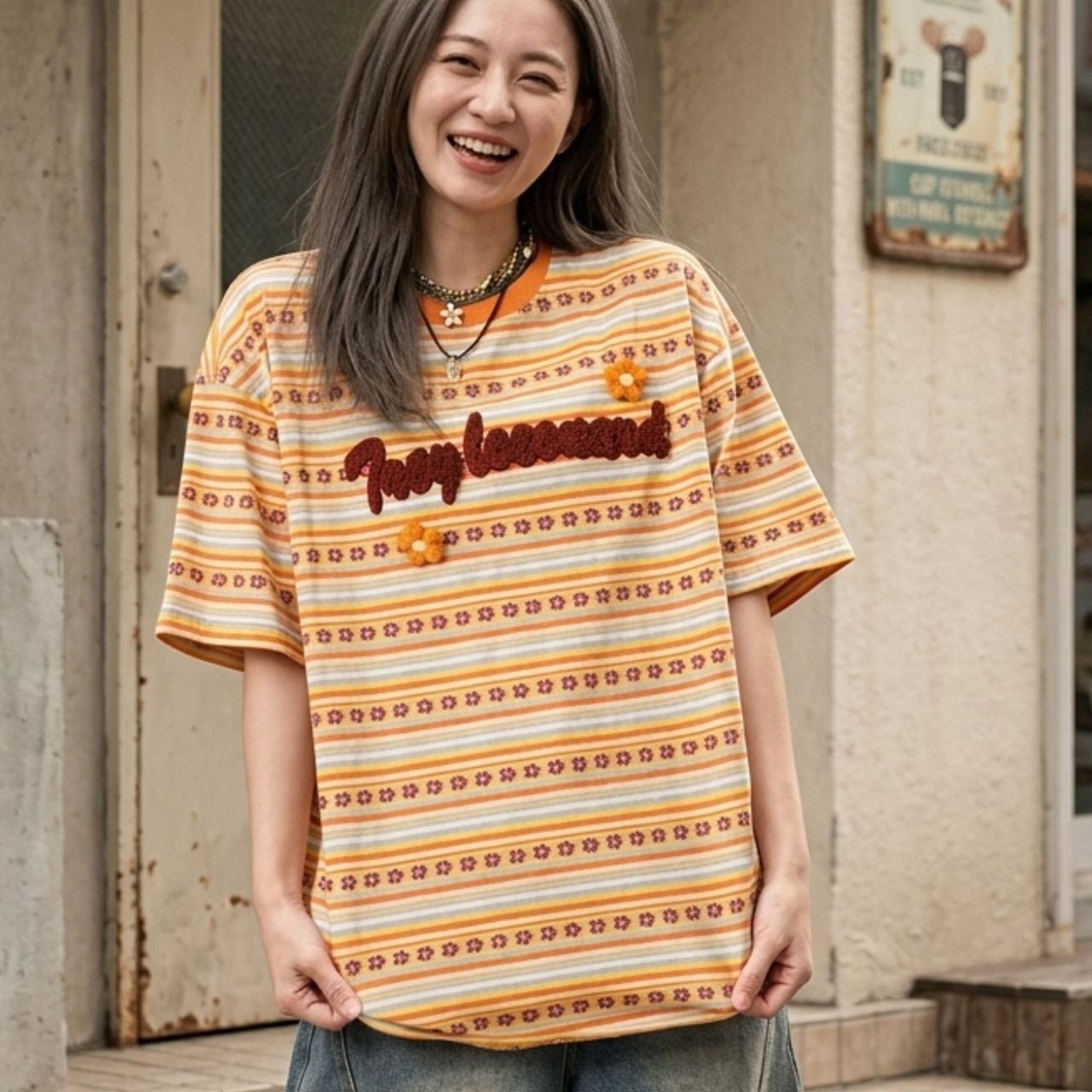 フラワーボーダーレタリングパッチTシャツ 1col R02306