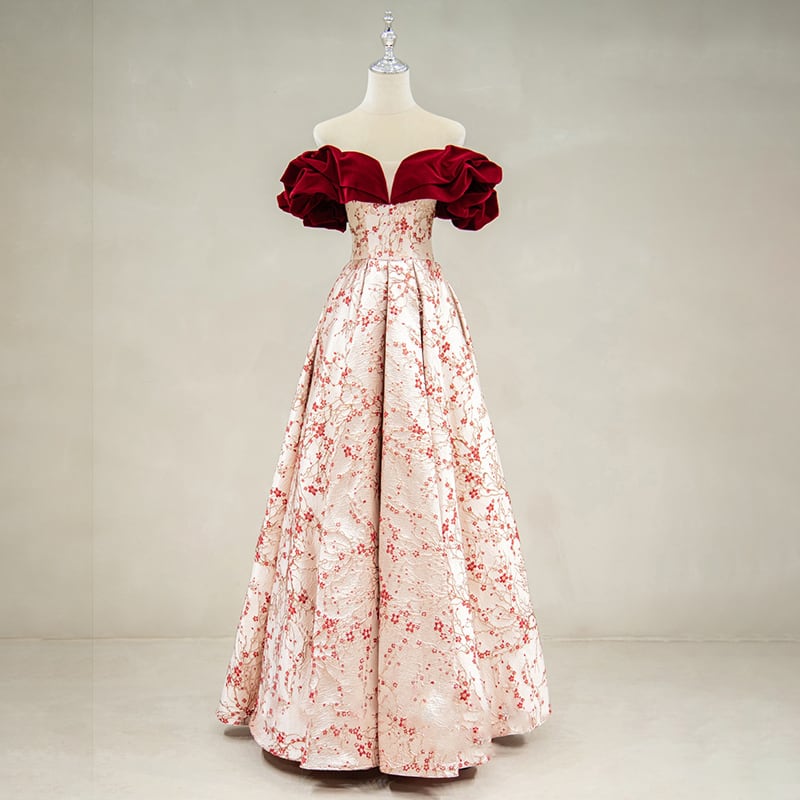 フラワーオフショルダードレス D1029