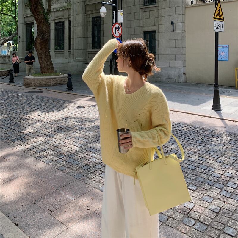 怠惰なスタイルのVネックツイスト透かし彫りルーズルーズアウタープルオーバーセーターレディース2020秋冬新作セータートップ ブラックストロベリース78296890772