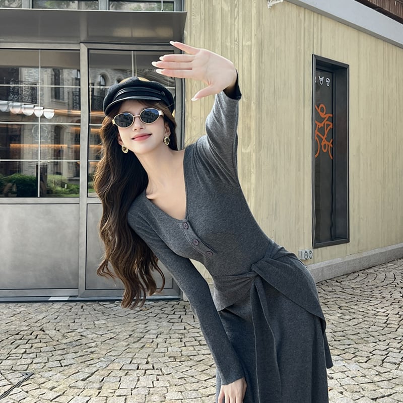 【dress】スカーフ付きニットワンピース Q6766