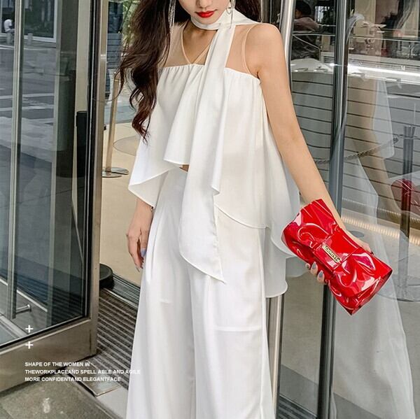 新作 21 夏新作 セットアップ レディース 上下セット ツーピース レディース 2点セット トップス ノースリーブ ロングテール パンツドレス ワイドパンツ レディース ワイドパンツ セットアップ ハイウエスト パンツ パーティードレス パンツ お呼ばれ ホワイト 白 P7476