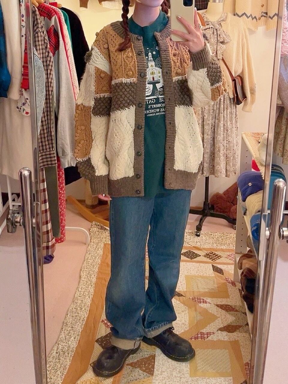 patchwork ponpon knit cardigan