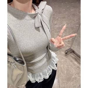 裾レース ニット 長袖 リボンネック レディース 春秋 韓国 リブニット おしゃれ 大人 かわいい フェミニン レイヤード 重ね着風 ボウタイニット 大人可愛い 大人女子