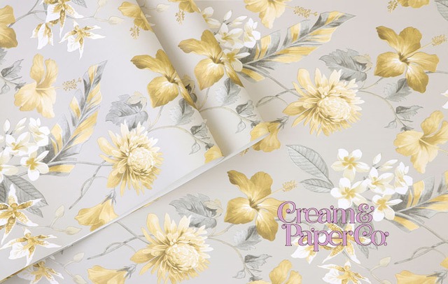 ウォームグレー × イエロー Tropical flower FL1-778001MT for DIY 53㎝×10m リピート53㎝