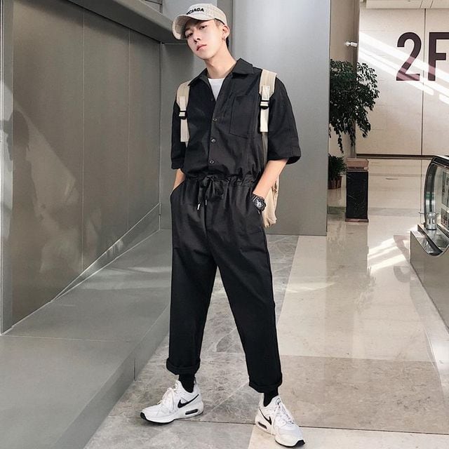 【予約販売】ツナギ オールインワン メンズ オーバーオール 半袖 ブラック ベージュ カーキ カジュアル 春夏 S/M/L/XL/2XL