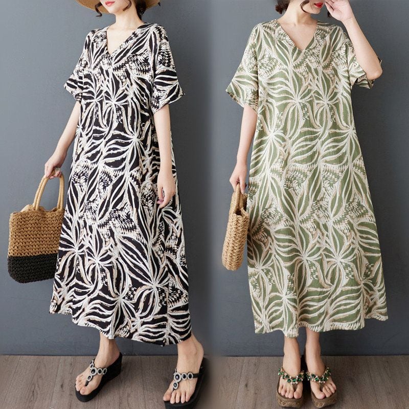 V-NECK PRINT RELAXED SHORT SLEEVE MIDI DRESS M-17692