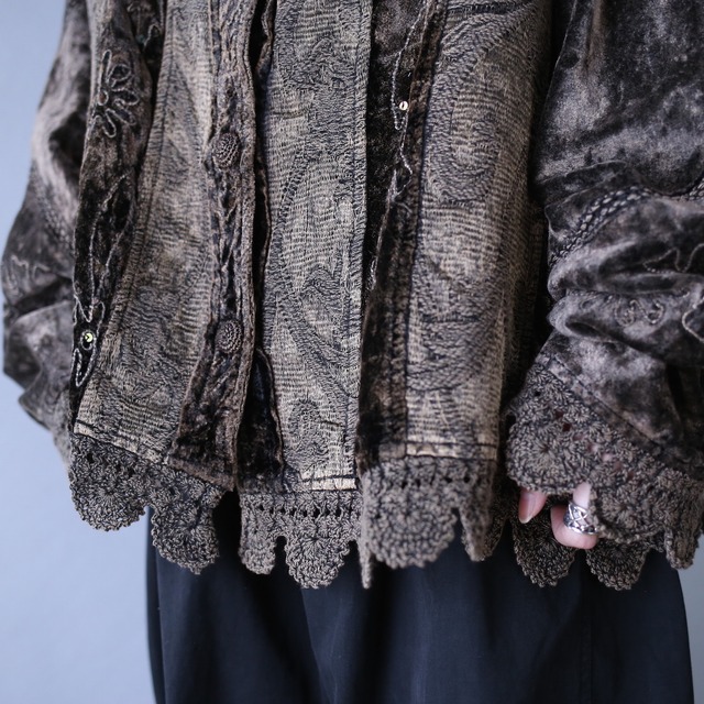 "刺繍" lathe switching and sequin decoration velours × weaving switching jacket