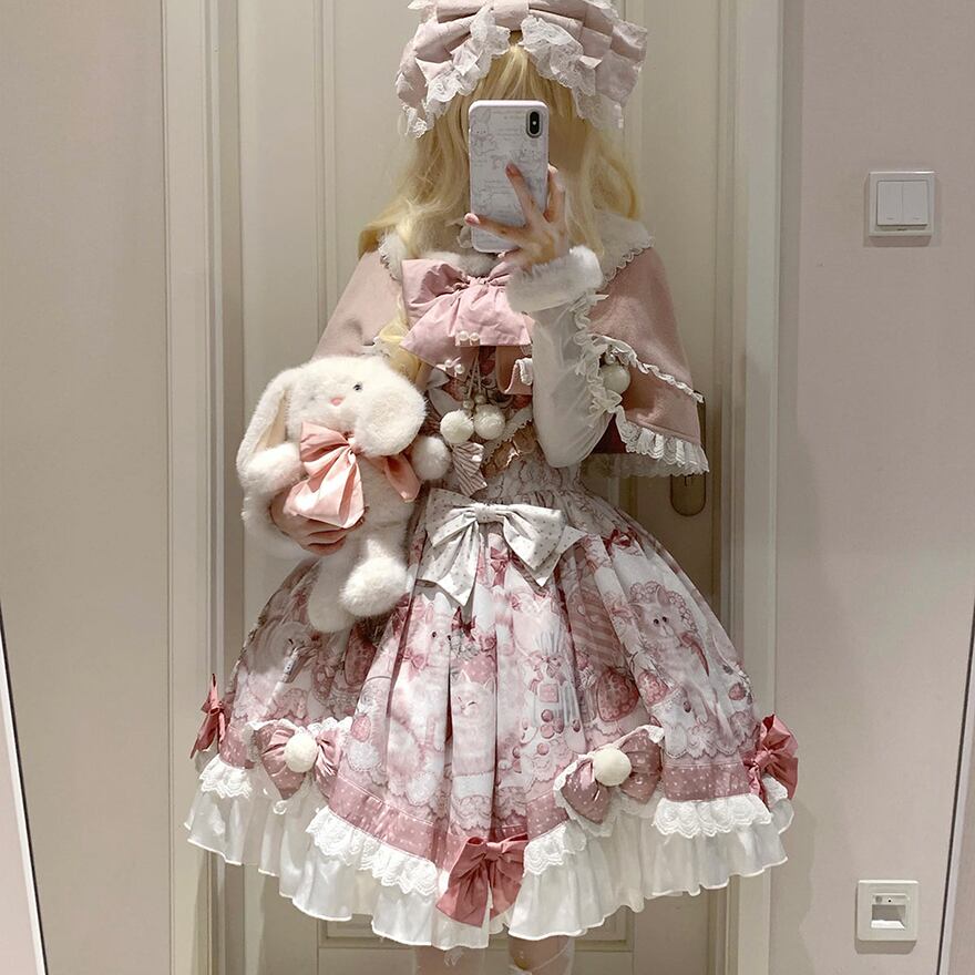 量産型 セットアップ ケープ×猫柄ドレス ピンク×フリル｜WithU