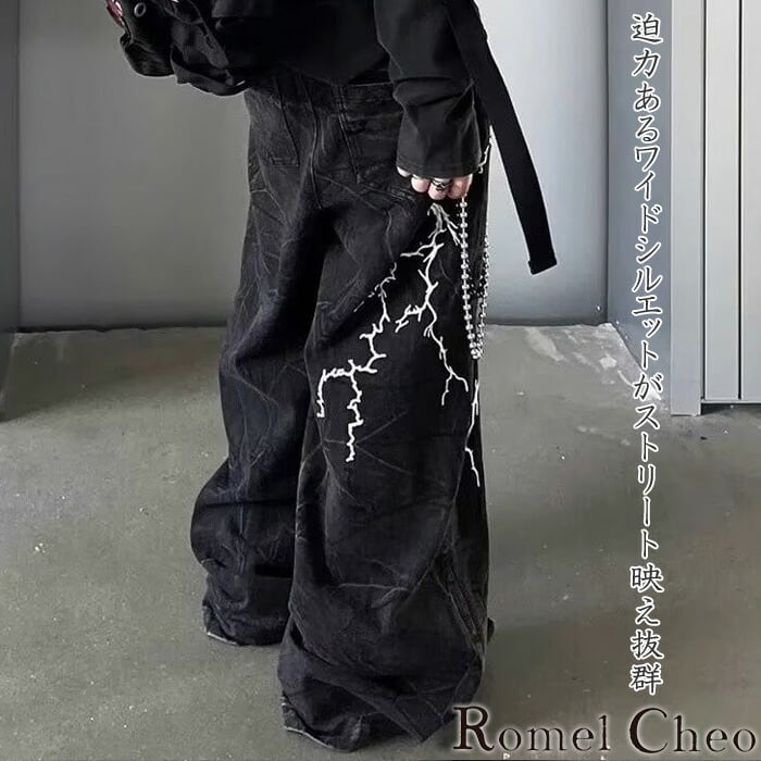 お支払い確認後20日以内発送】RomelCheo 稲妻刺繍デニムパンツ デニム