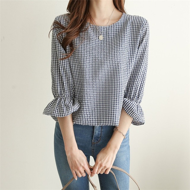 レディース トップス シャツ カットソー プルオーバー 7分袖 フリル袖 クルーネック 薄手 コットン かわいい 大人可愛い きれいめ シンプル カジュアル 上品 おしゃれ ガーリー とろみ感 ラブリー キュート チェック 格子柄 千鳥格子 ギンガムチェック 春 夏 秋 冬 オールシーズン ママ 10代 20代 30代 40代 オフィス ビジネス OL 通勤 通学 デート お出かけ 女子会 ショッピング 韓国 コーデ 体型カバー モテ 清楚 トレンド 流行 M L 大きいサイズ ゆったり ゆる ブルー