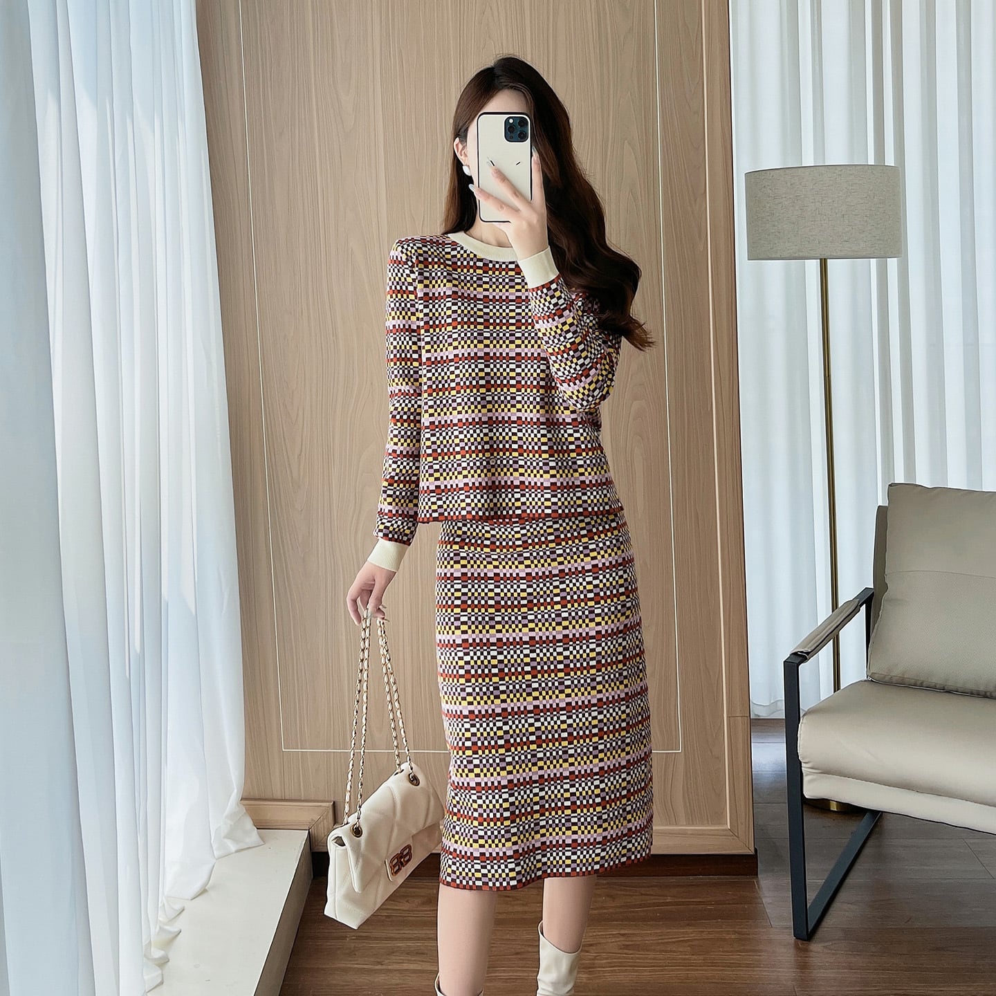 【set】ラウンドネックニットセーター×ニットスカートセット K0515