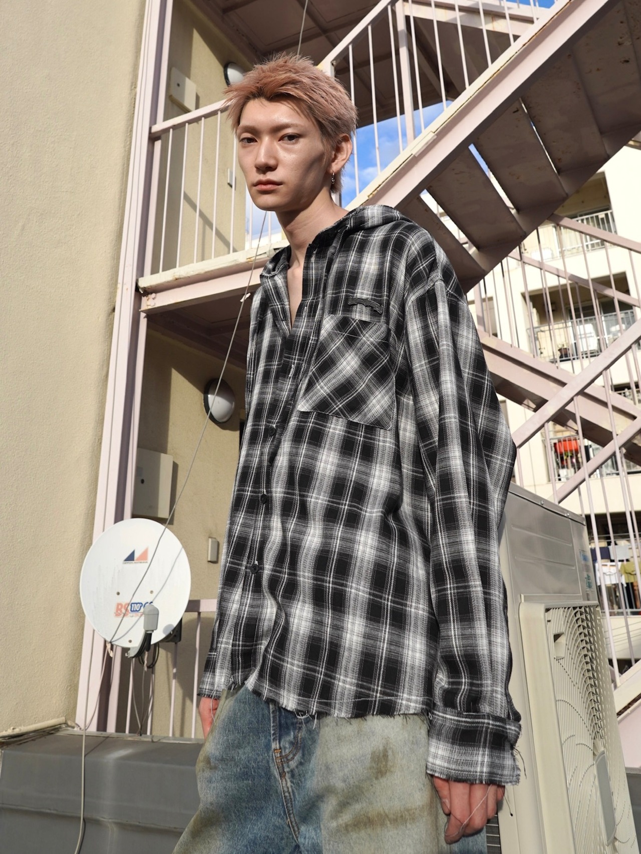 【LOVE KILLER】studs plate check hoodie shirt (2colors)
