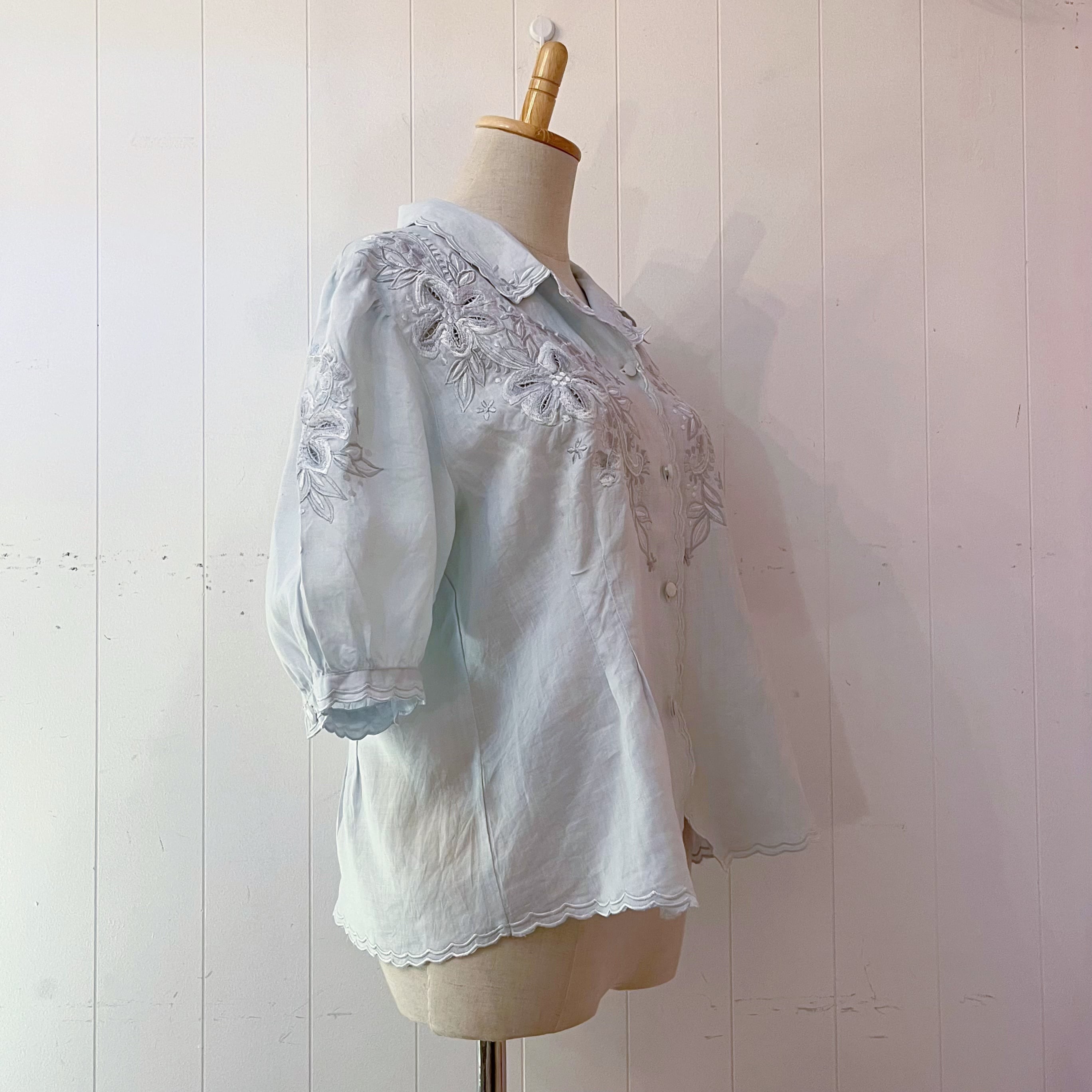 light blue flower embroidery blouse