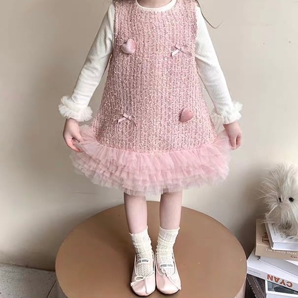 【90-140cm】全2色ツイードチュールワンピース&トップスセット【071019】