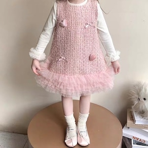 【90-140cm】全2色ツイードチュールワンピース&トップスセット【071019】