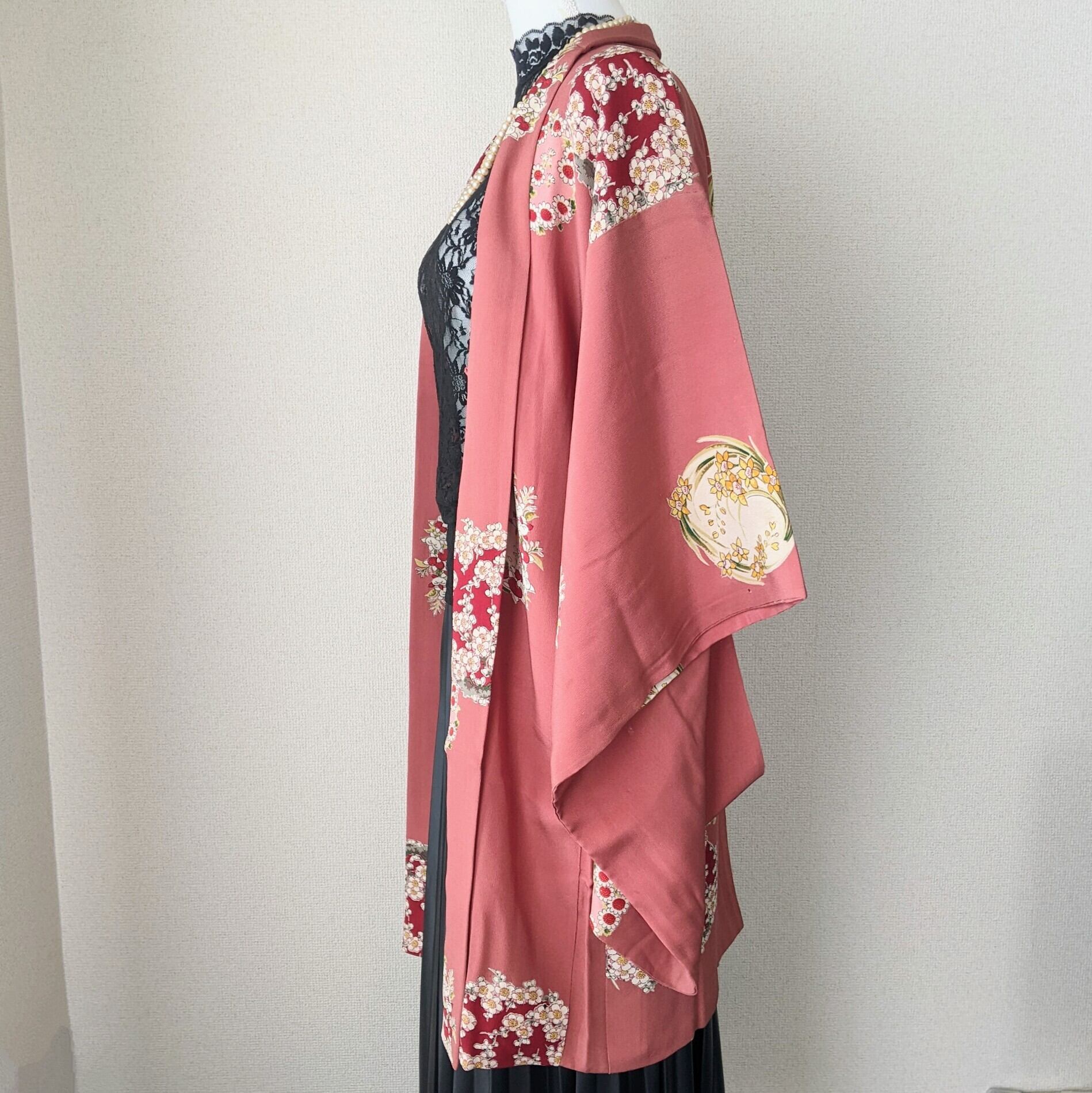 Vintage】HAORI 長羽織 羽織 正絹 縮緬 くすみピンク色 花丸文様 