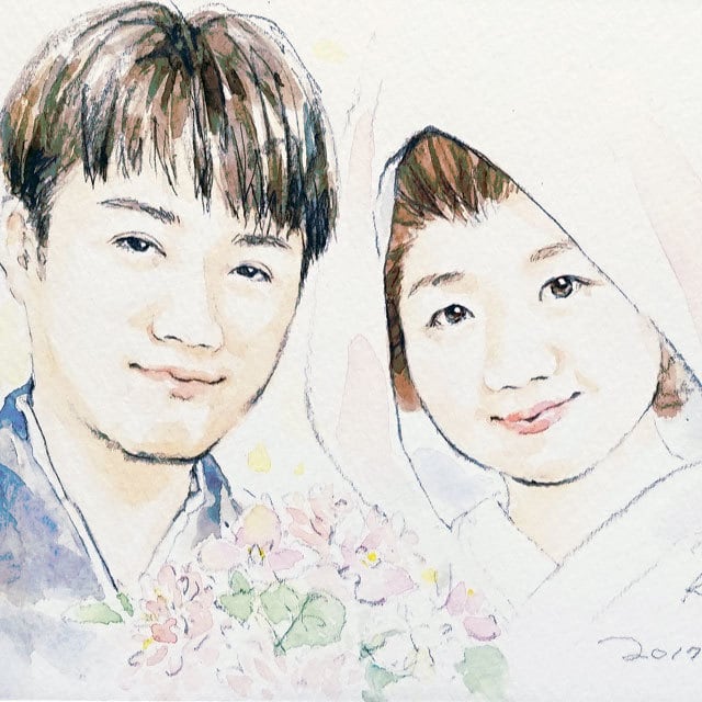 優しい似顔絵(2名) 優雅で上品な木製ホワイトフレーム入り-送料無料-