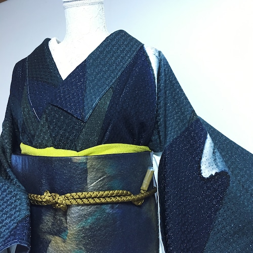 【逸品クラス】しつけ糸付き未着用 超美品 墨黒×濃紺×濃グレー 銀通し 丈161.5裄64