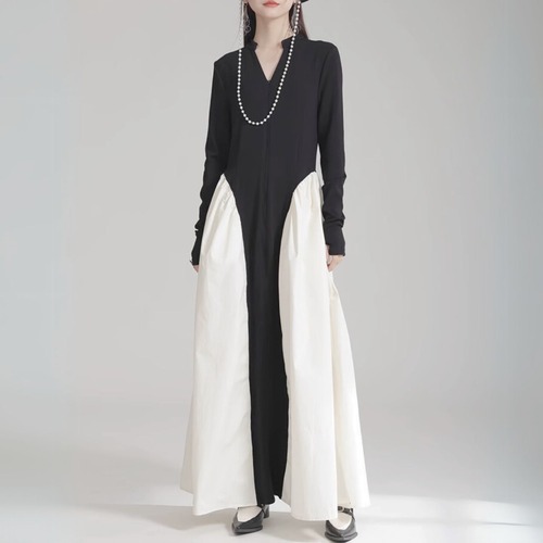 Color block design taffeta long dress C0975