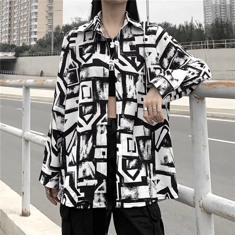 モノトーン 韓国ファッション 落書き 長袖 シャツ レディース服 白黒