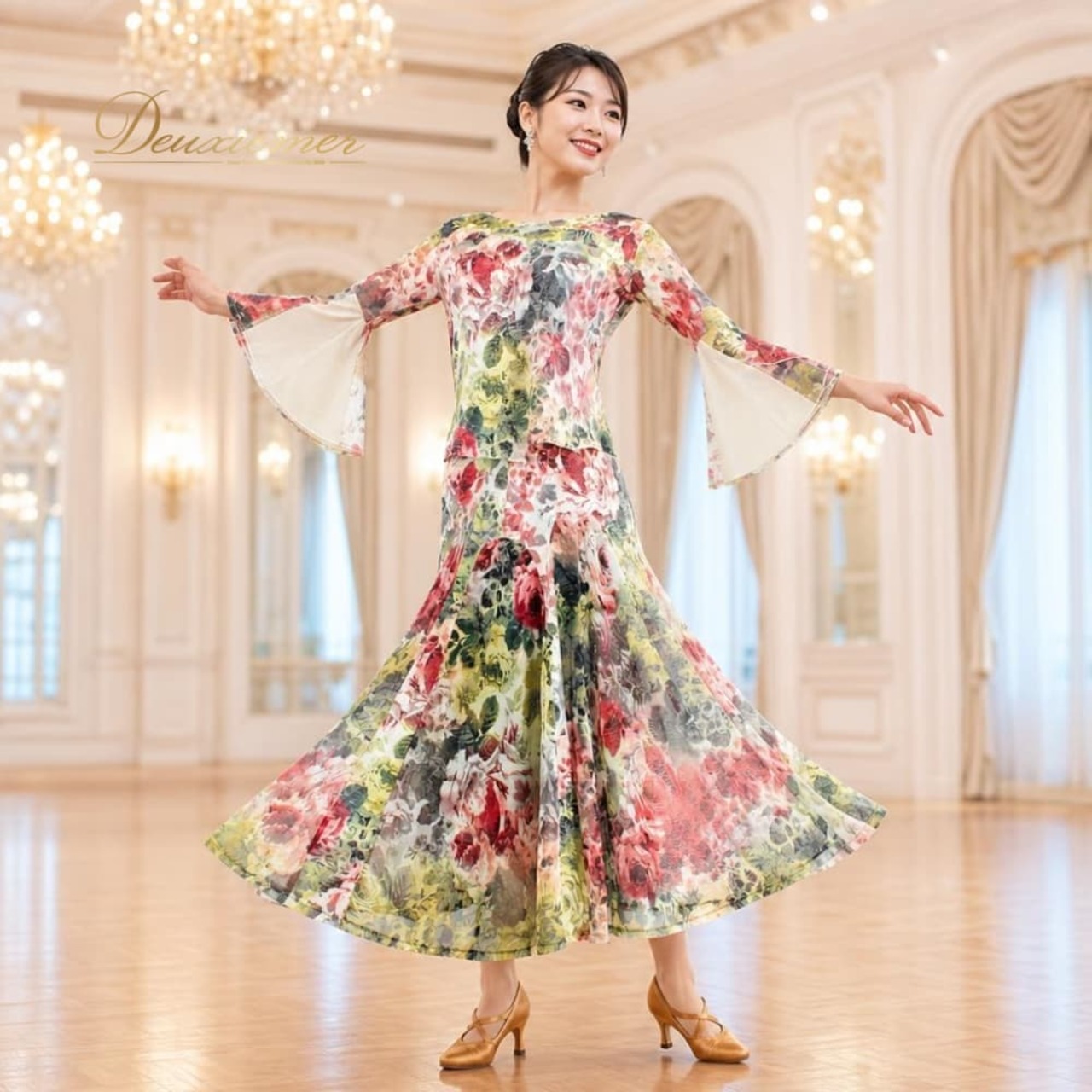 社交ダンス 衣装 Leirena レイリーナ ツーピース レッスンウェア レッド系 グリーン系 イエロー系 ブラック系 ホワイト系 セットアップ 上下セット トップス スカート 白 赤 緑 黄色 黒 花柄 レース