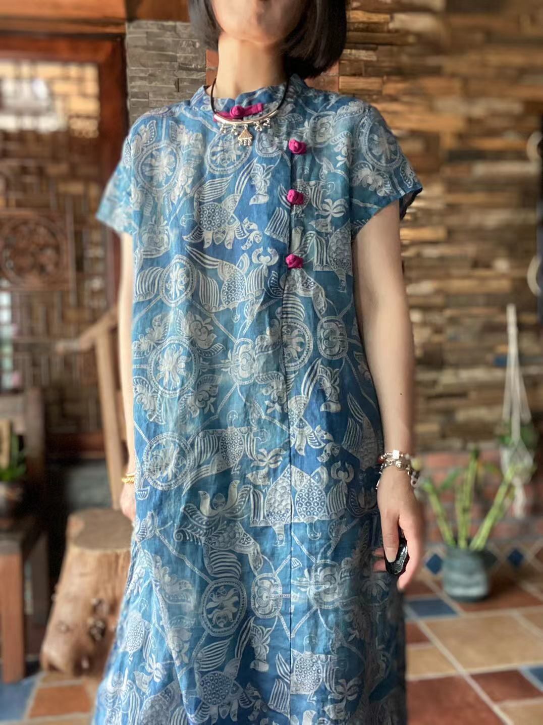 スタンダードプリントボタンルーズドレス レトロ ピュア Yiranxuaディースワード68724365420