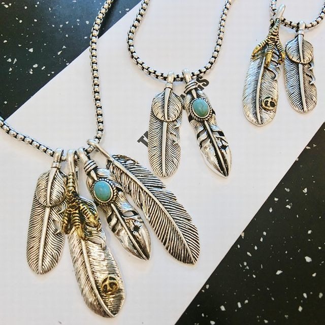 【BISITE】選べる3パターン！フェザー ターコイズ ネックレス ペンダント / Feather turquoise necklace pendant (DCT-543987144907)