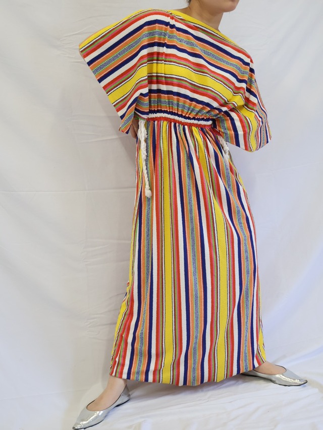 70s pile fabric stripe dress【1567】
