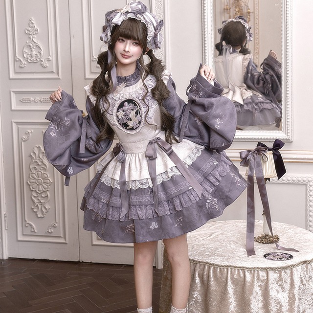 花柄 広袖 フリル デザイン 和ゴシック 中華風メイド服 中華風ワンピース バルーンスリーブ 【予約商品】