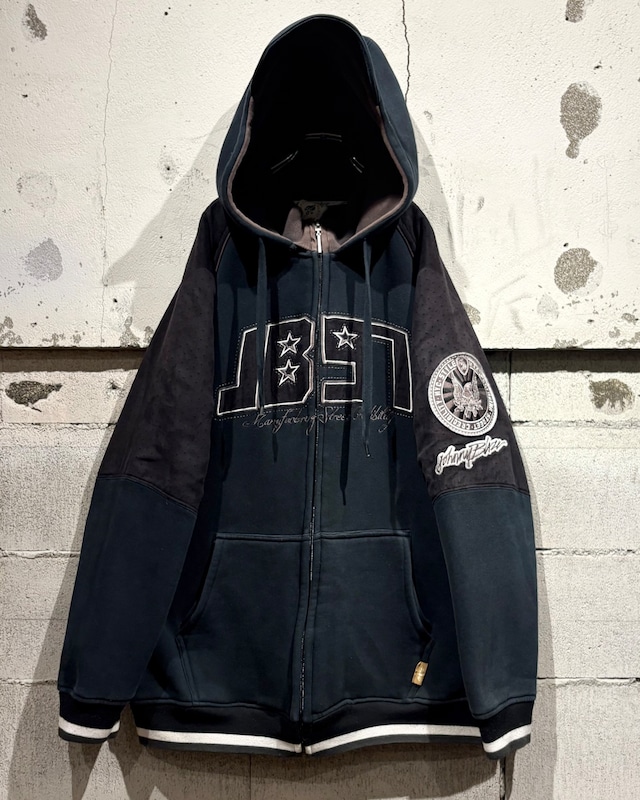 【Caka otto】“JOHNNY BLAZE” Punching Faux Suede Switching Design Vintage Loose Zip Up Hoodie
