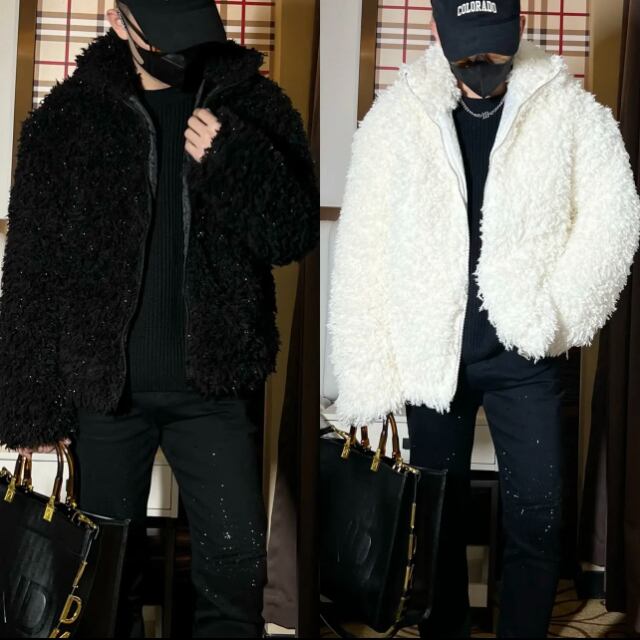 【予約販売】ボアブルゾン アウター ジップアップ 総ボア 無地 ホワイト ブラック ジャケット ショート丈 メンズ カジュアル 男前 こなれ感 お洒落 韓国 トレンド 秋 冬 M/L/XL