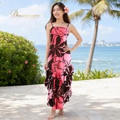フラダンス 衣装 CC Fashions CCファッション ワンピース ドレス ピンク系 ブラウン系 ハワイ製 ツートンカラー スリット フリル キャミソールドレス かわいい 華やか 鮮やか 明るい ハワイアン アロハ ハワイアンプリント フラ レッスン 練習