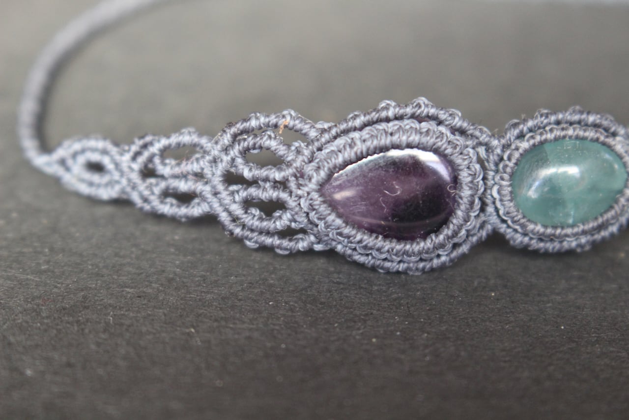 Trapiche amethyst & Green Fluorite micro macrame bracelet