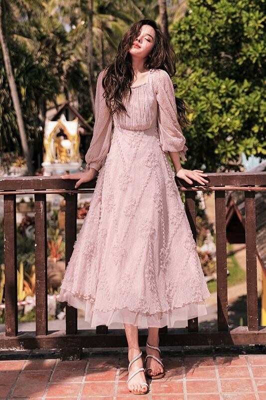 レディース ガーリー レトロ レース シフォン ワンピース ドレス