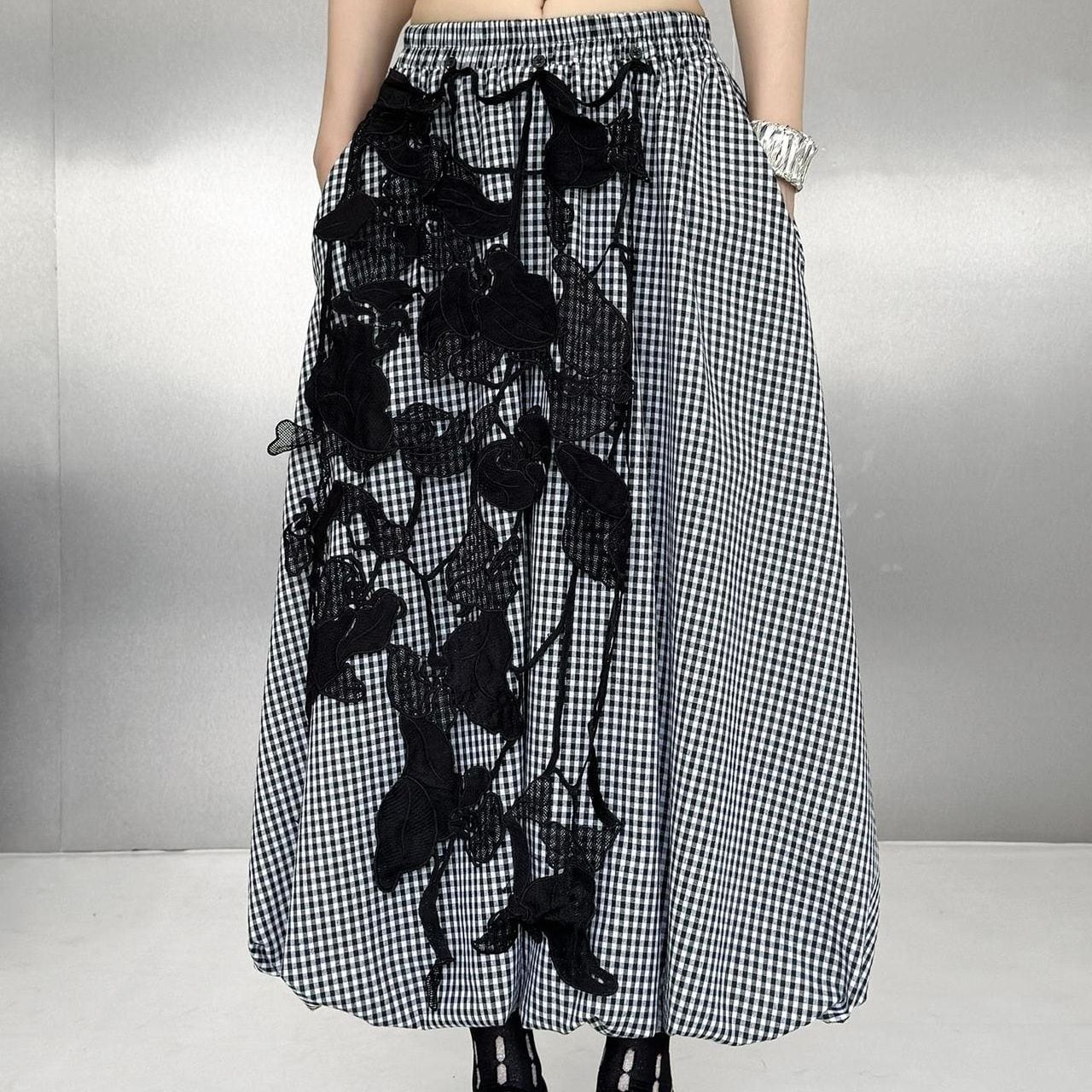EMBROIDERED GINGHAM FLORAL PANEL MIDI SKIRT M-17743
