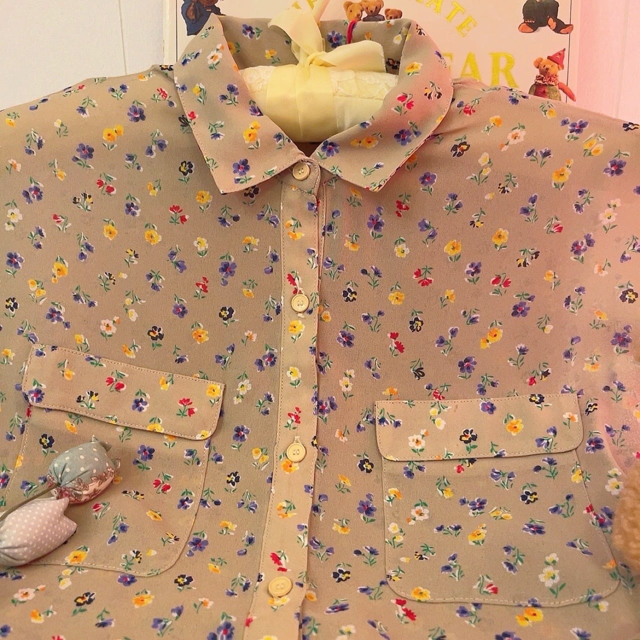 yellow purple mini flower sheer blouse
