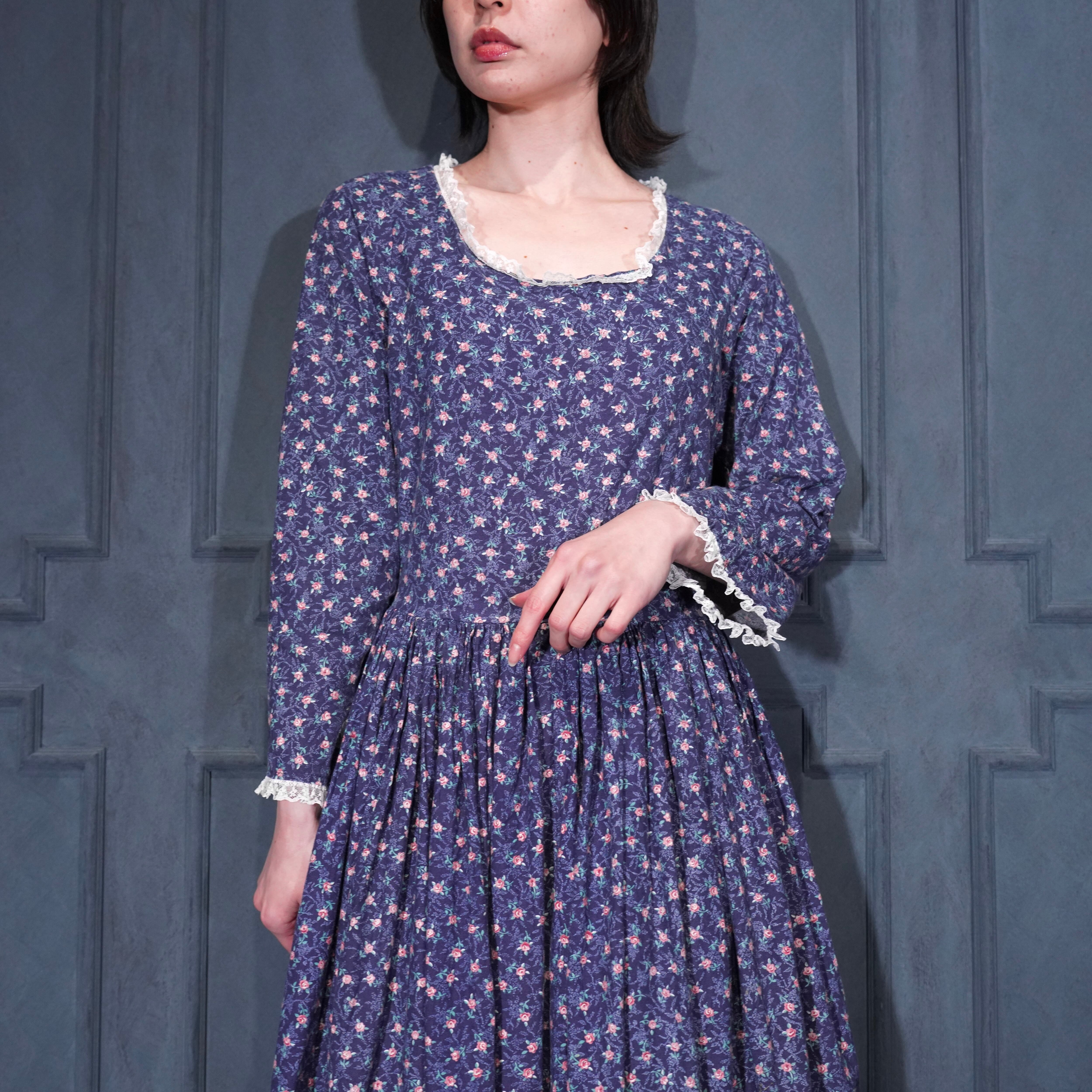 70's USA VINTAGE FLOWER PATTERNED LACE DESIGN COTTON DRESS ONE