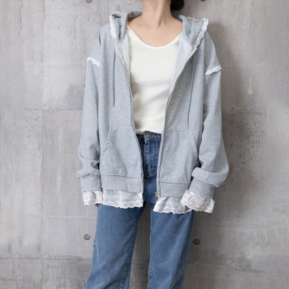 スウェット パーカー ジップアップ レディース 春秋冬 韓国 ストリート アメカジ おしゃれ 大人 カジュアル レース切り替え 羽織り トップス 裾レース ゆったり 大人可愛い 大人女子