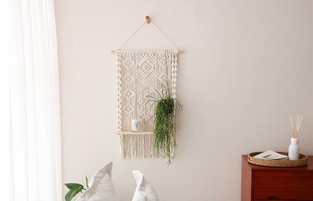 macrame hanging wood shelf / マクラメ ウッド シェルフ ウォール