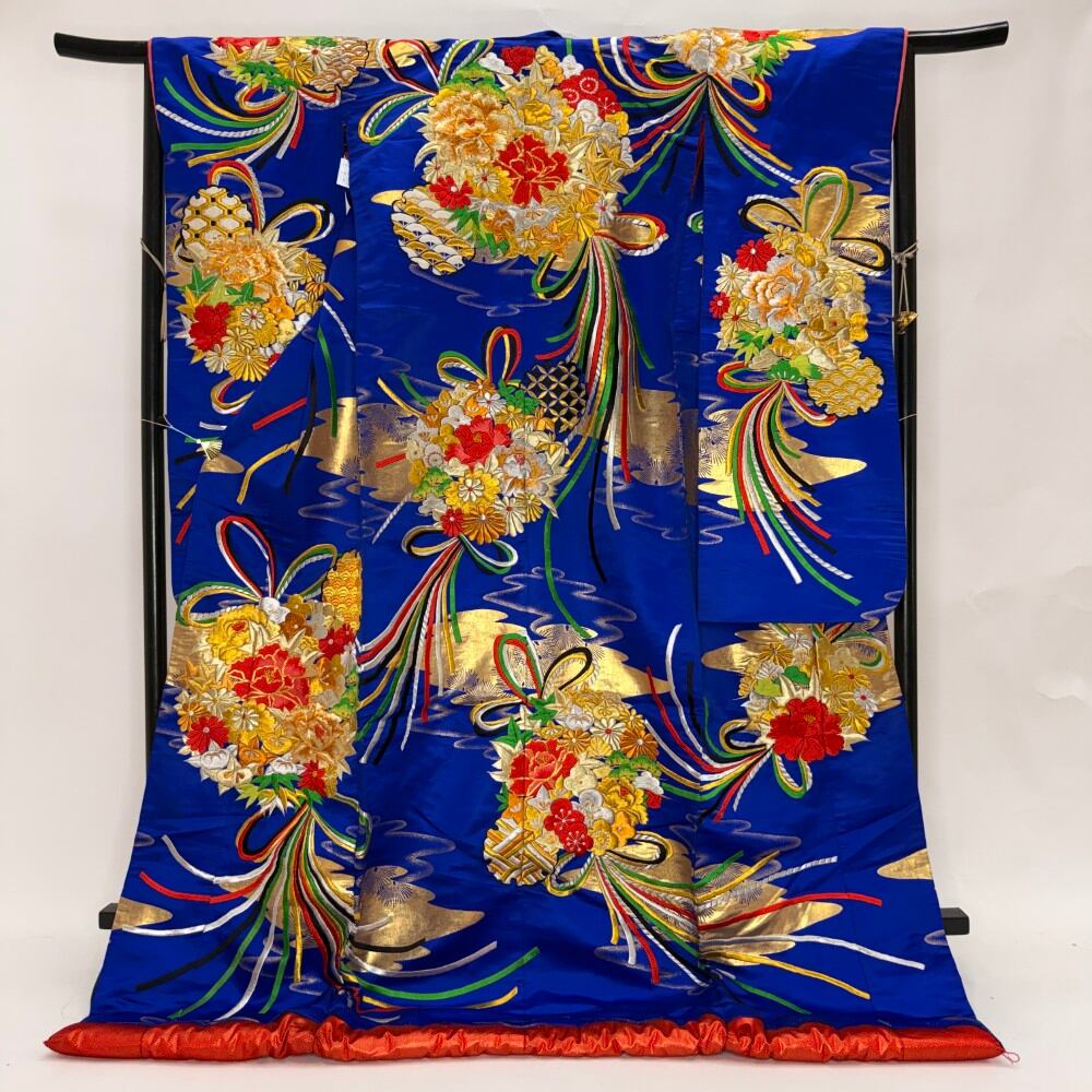 色打掛 正絹 鶴 刺繍 青 打掛 花嫁衣裳 ポリエステル リサイクル 中古 ブライダル ウエディング 着物 6652