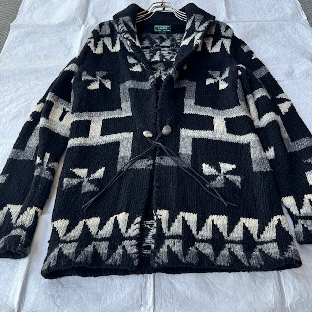 Ralph Lauren ラルフローレン ハンドニットカーディガン 80s〜90s 風車柄 ネイティブ柄 ブラック ヴィンテージ古着 M〜L 画像3